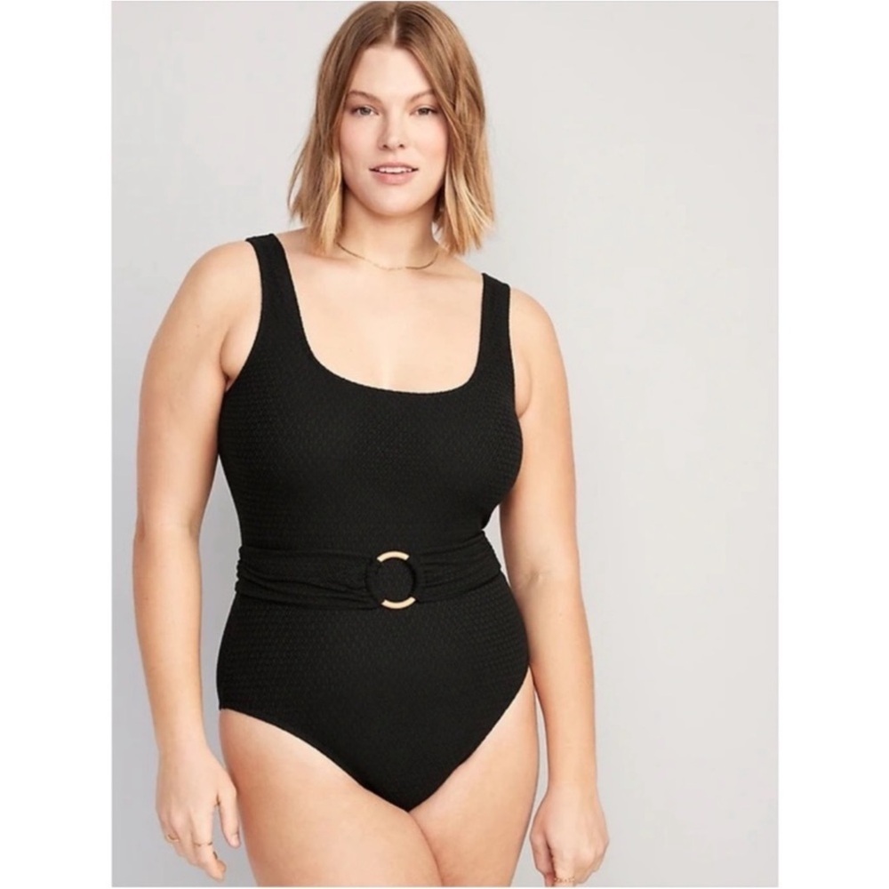 Old Navy Black Textured One-Piece Swimsuit with Belt